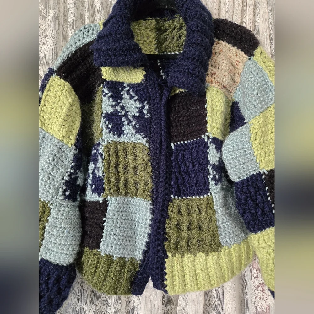 Handmade Wool Patchwork Cardigan – Super Thick & Heavy – Oversized Fit - Picture 3 of 9
